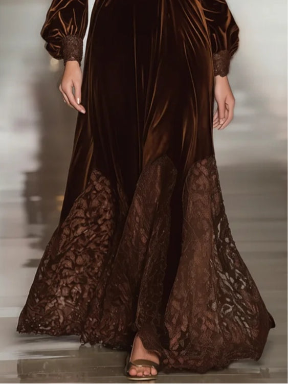 Isabella · Vestidos Maxi de Terciopelo con Cuello Alto y Mangas de Globo de Encaje Patchwork