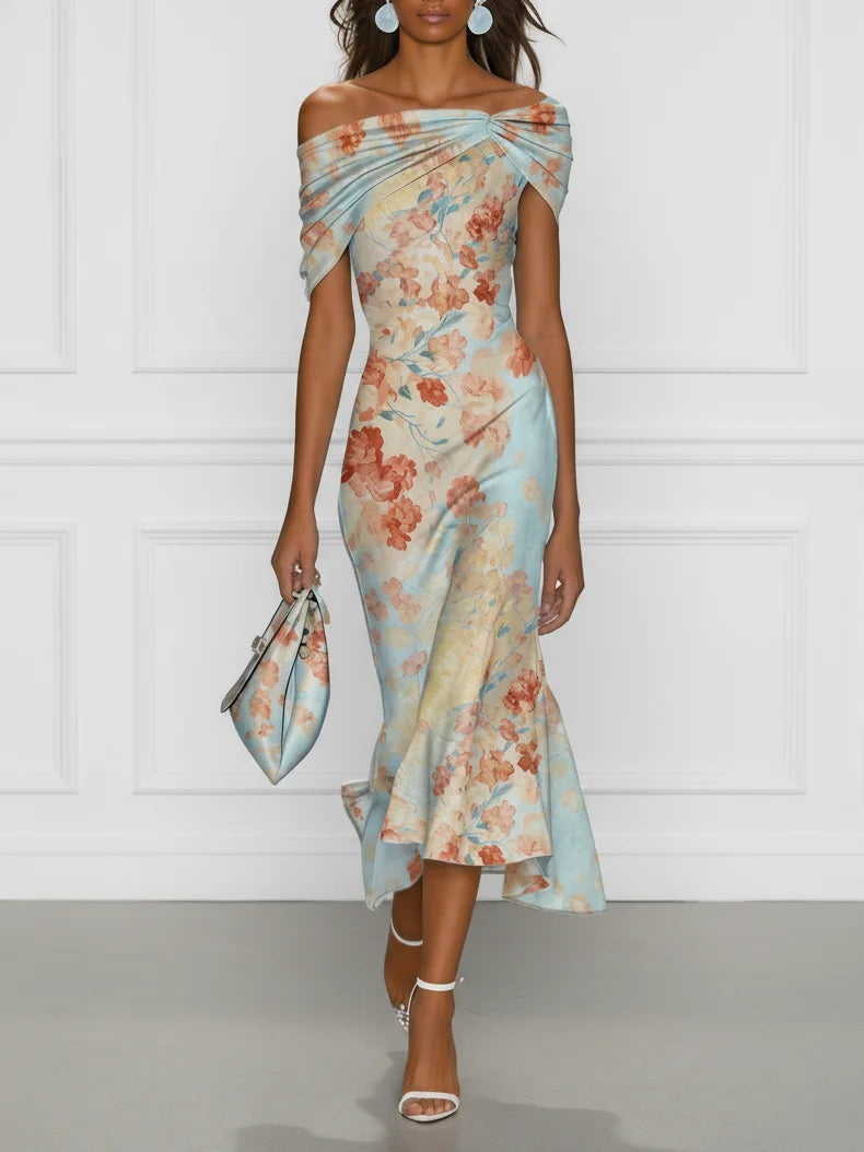Vittoria - Vestido Midi de Sirena Sin Mangas con Hombros Descubiertos y Estampado Floral Azul