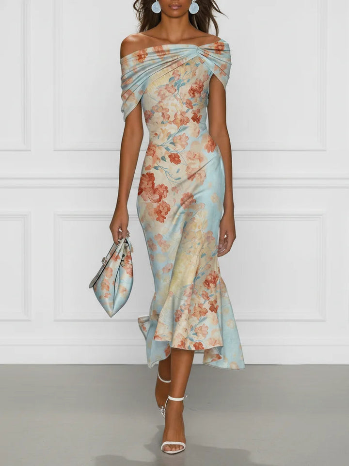 Vittoria - Vestido Midi de Sirena Sin Mangas con Hombros Descubiertos y Estampado Floral Azul