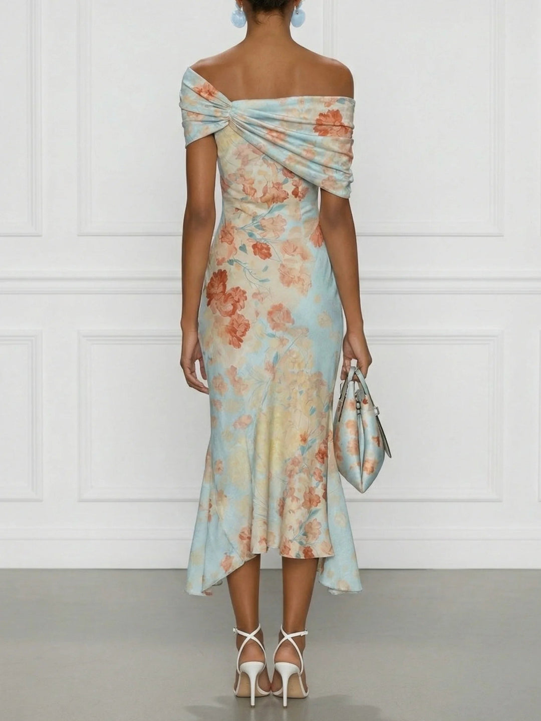 Vittoria - Vestido Midi de Sirena Sin Mangas con Hombros Descubiertos y Estampado Floral Azul