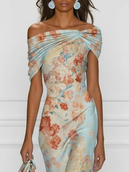 Vittoria - Vestido Midi de Sirena Sin Mangas con Hombros Descubiertos y Estampado Floral Azul