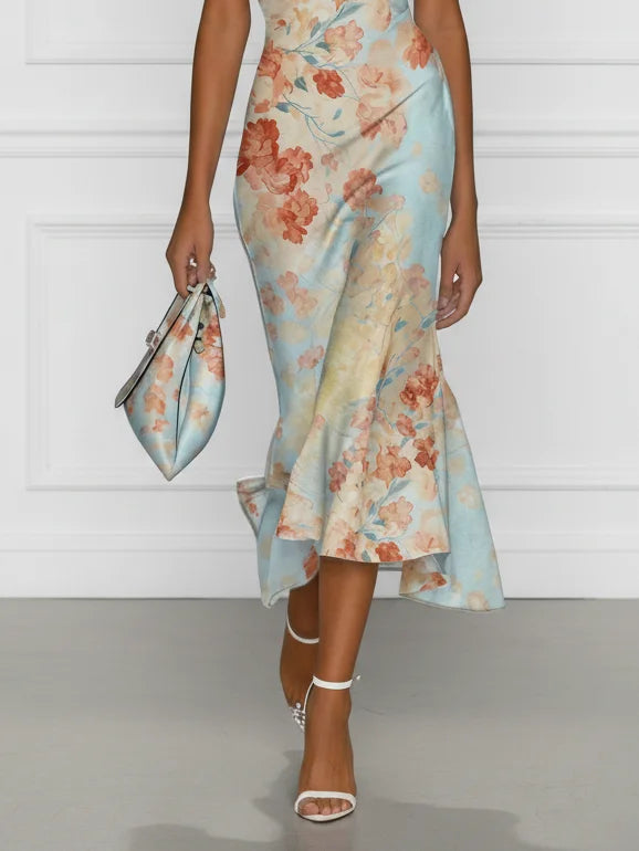 Vittoria - Vestido Midi de Sirena Sin Mangas con Hombros Descubiertos y Estampado Floral Azul