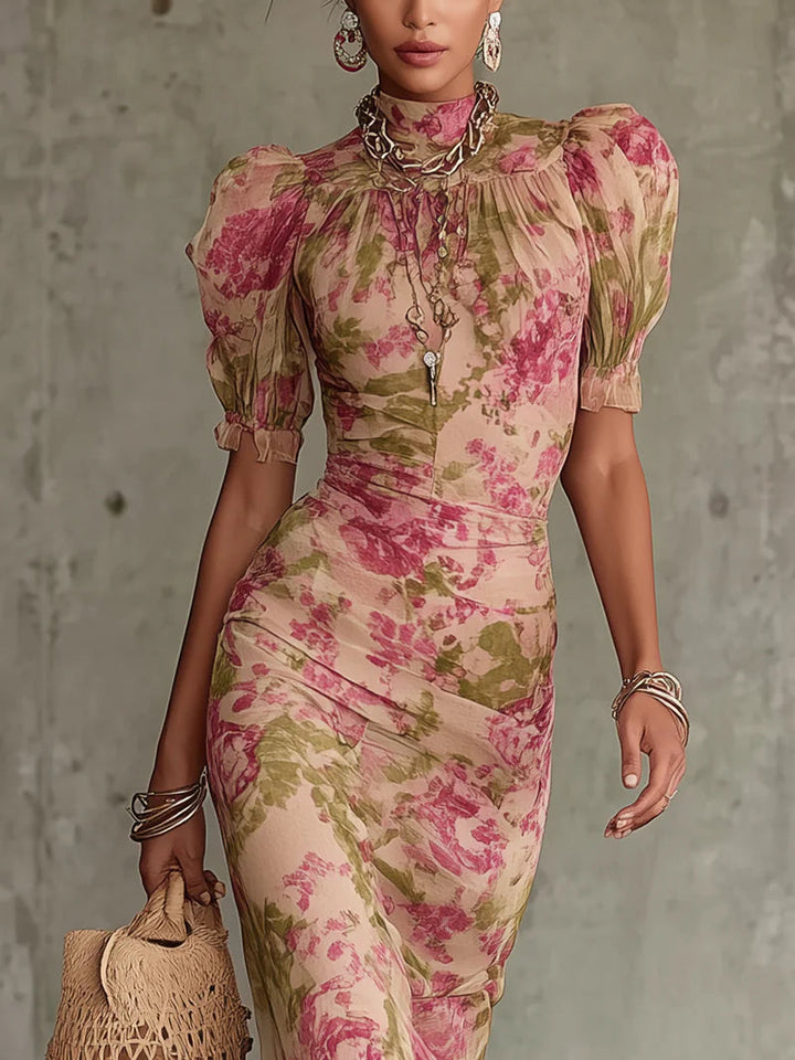Fiora | Vestido Maxi Rosa Vintage con Mangas Abullonadas Romántico