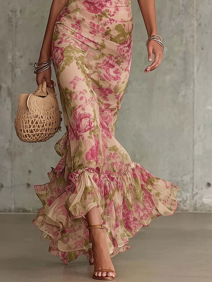 Fiora | Vestido Maxi Rosa Vintage con Mangas Abullonadas Romántico