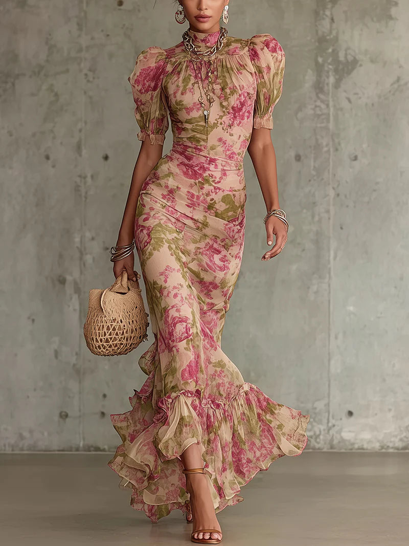 Fiora | Vestido Maxi Rosa Vintage con Mangas Abullonadas Romántico