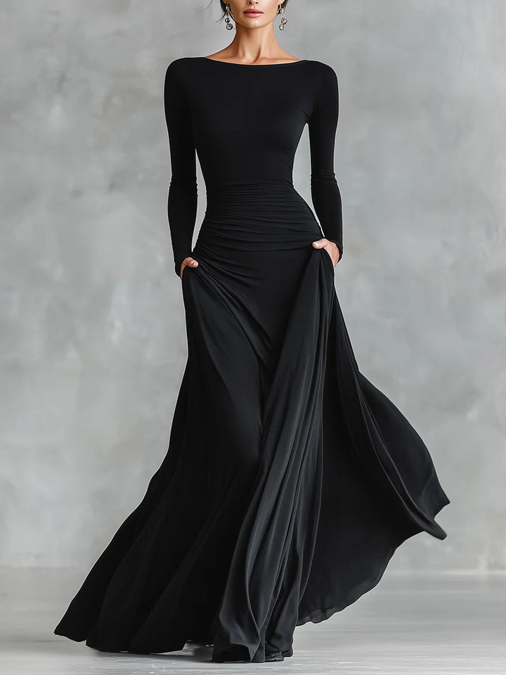 Adele - Vestido largo moderno de crepé negro con escote barco y pliegues