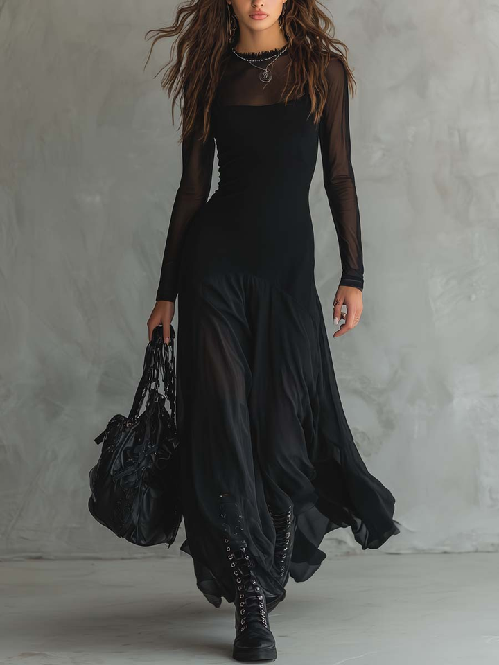 Vestido Largo de Tul Negro con Corte Amplio