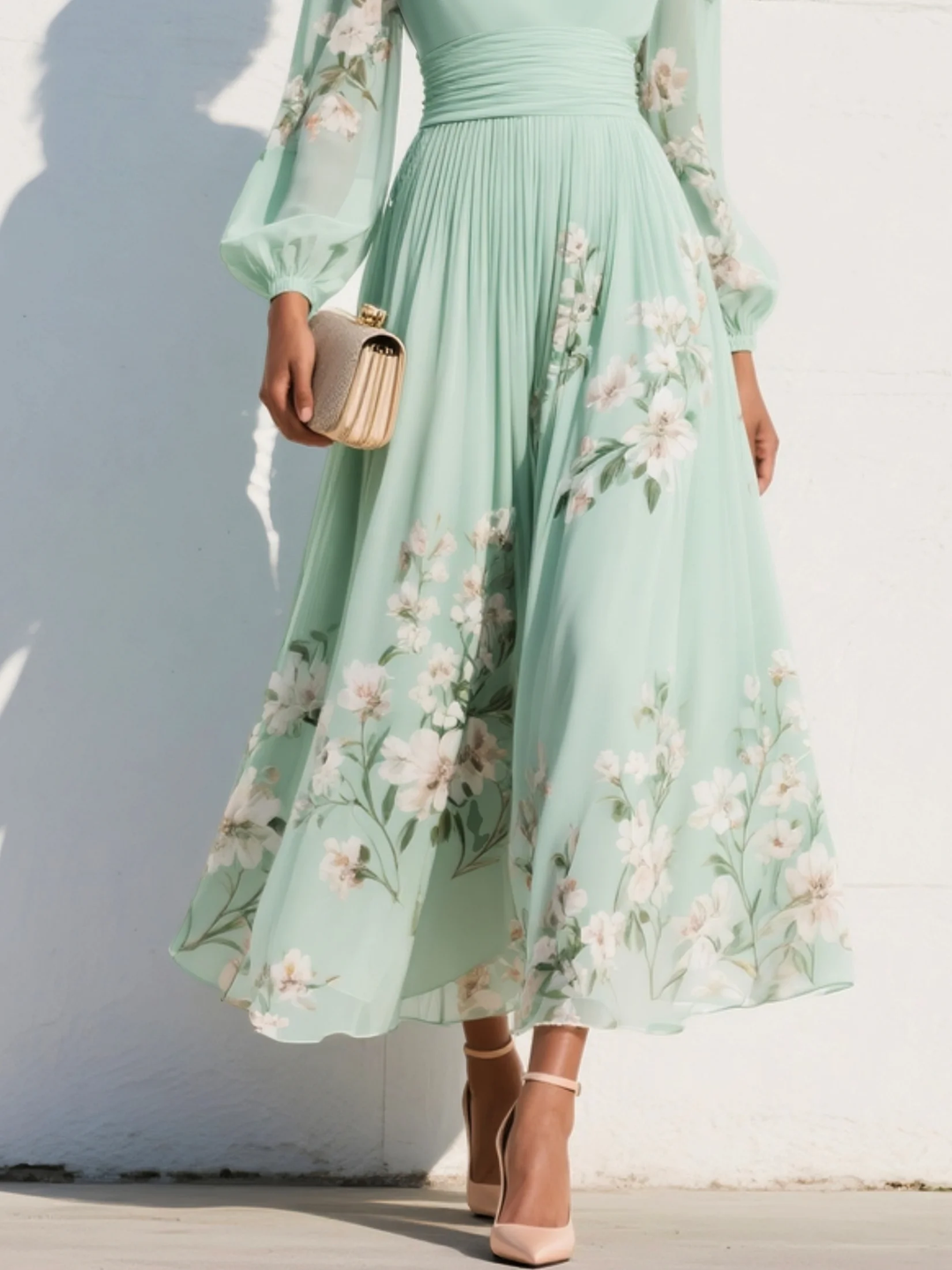 Vestido Largo Plisado de Chifón Verde Menta con Estampado Floral para Damas