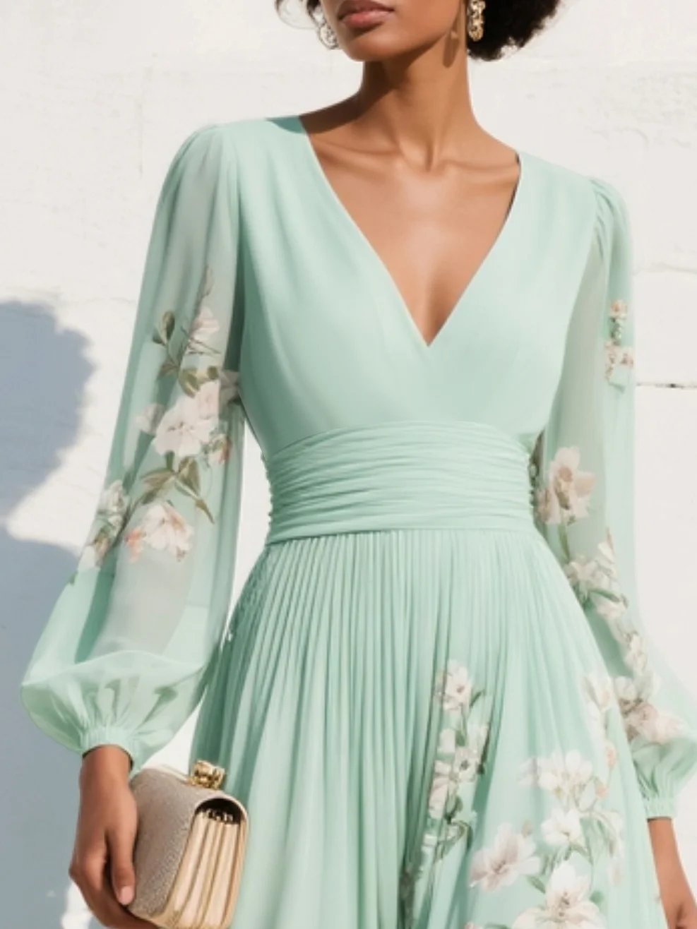 Vestido Largo Plisado de Chifón Verde Menta con Estampado Floral para Damas