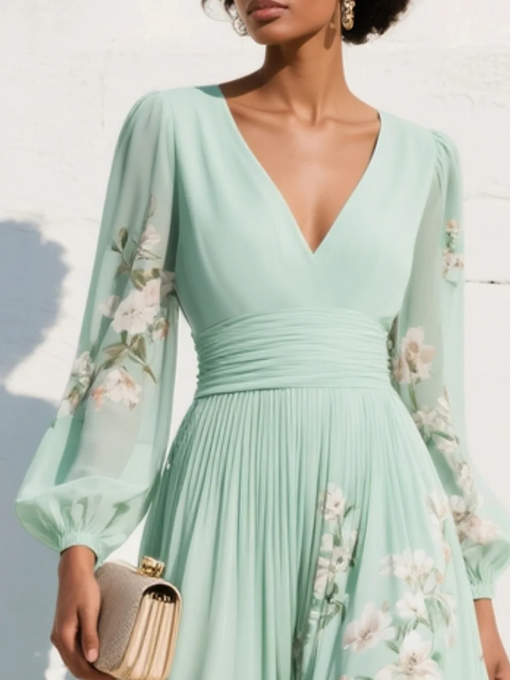 Vestido Largo Plisado de Chifón Verde Menta con Estampado Floral para Damas