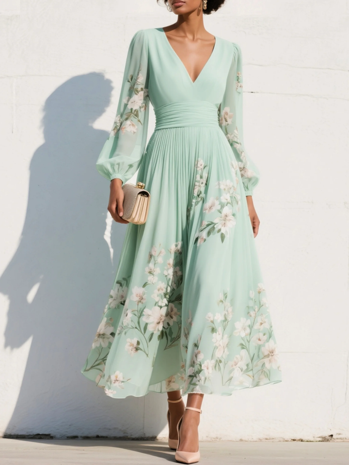 Vestido Largo Plisado de Chifón Verde Menta con Estampado Floral para Damas