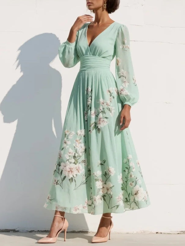 Vestido Largo Plisado de Chifón Verde Menta con Estampado Floral para Damas