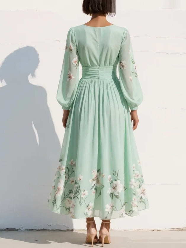 Vestido Largo Plisado de Chifón Verde Menta con Estampado Floral para Damas