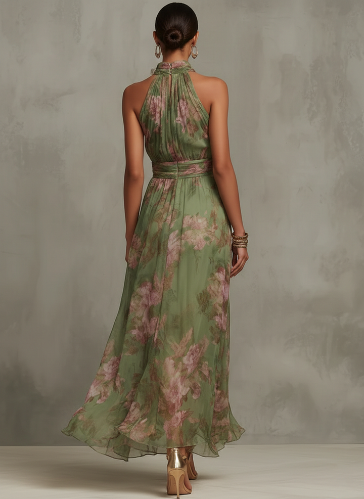 Serena | Vestido largo verde floral de chiffon con escote halter