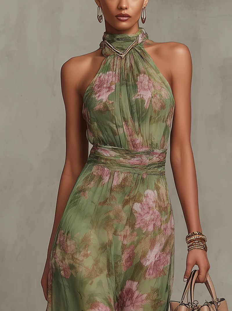 ESENCIAL - Serena ∙ Vestido Maxi de Chiffon Floral en Verde con Escote Halter