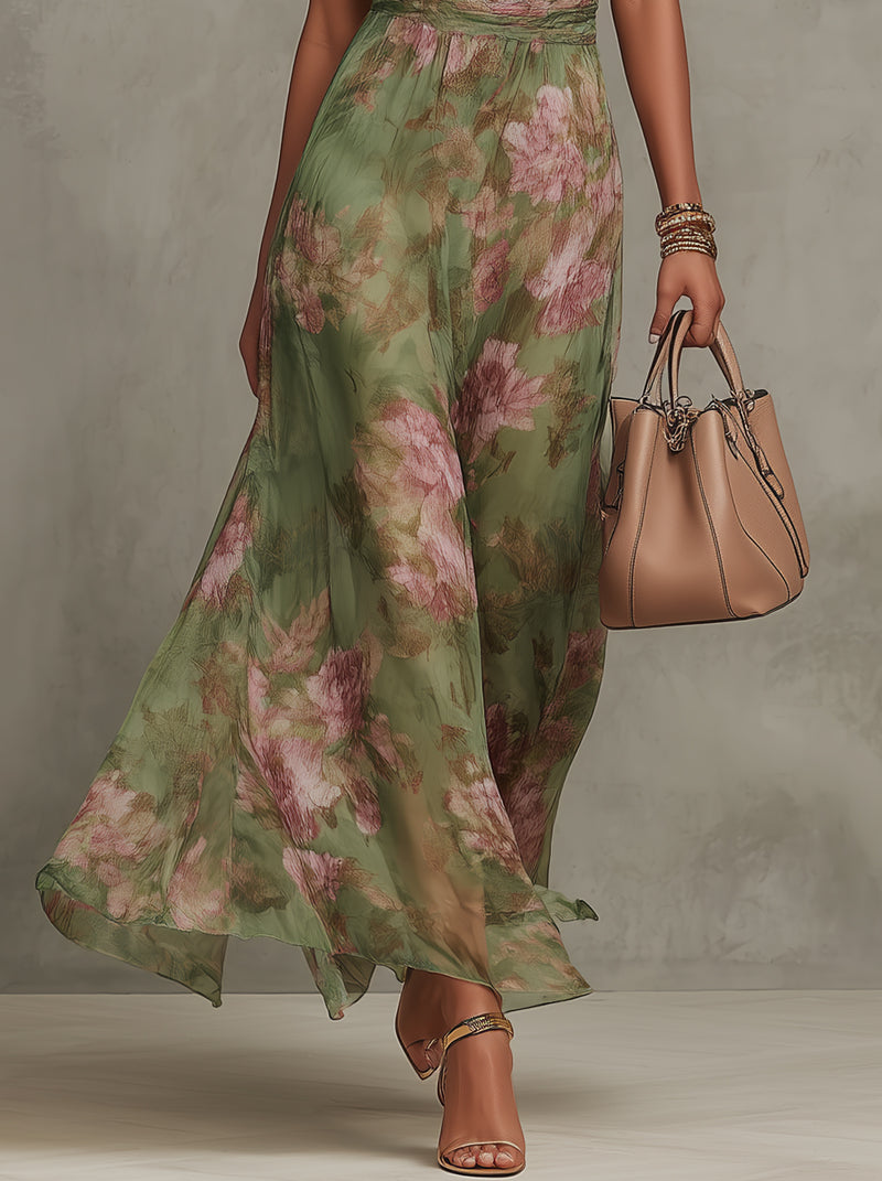 ESENCIAL - Serena ∙ Vestido Maxi de Chiffon Floral en Verde con Escote Halter