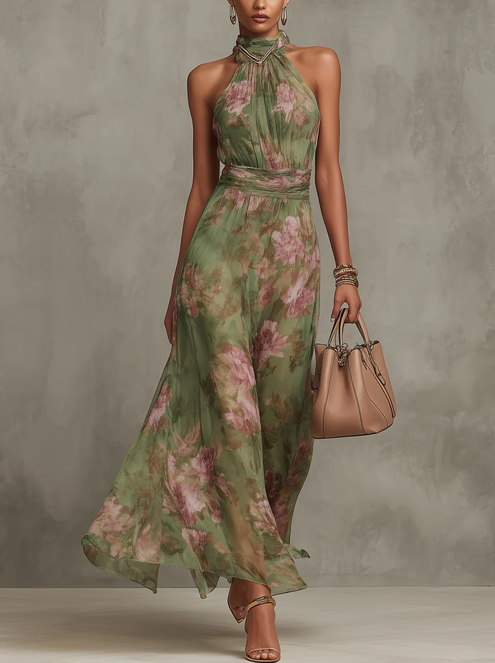 Serena | Vestido largo verde floral de chiffon con escote halter