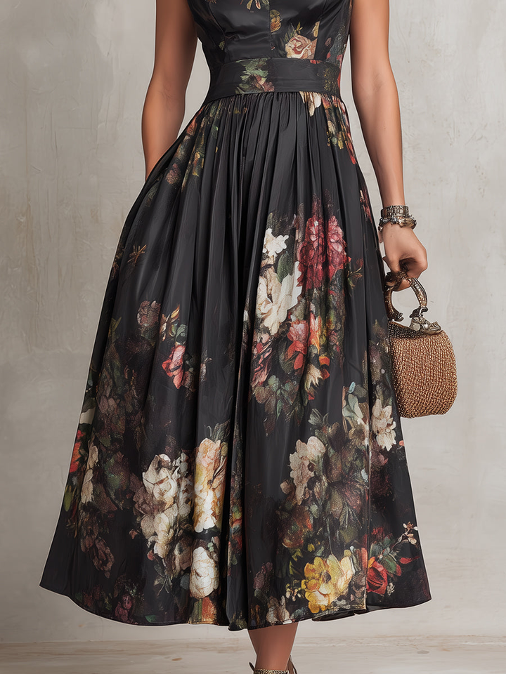 Violetta - Vestido Midi Negro de Satén Plisado con Estampado Floral y Escote Tipo Llave