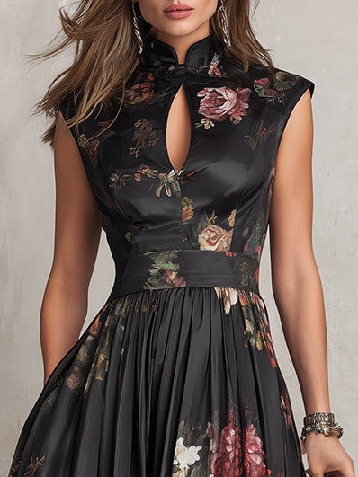 Violetta - Vestido Midi Negro de Satén Plisado con Estampado Floral y Escote Tipo Llave