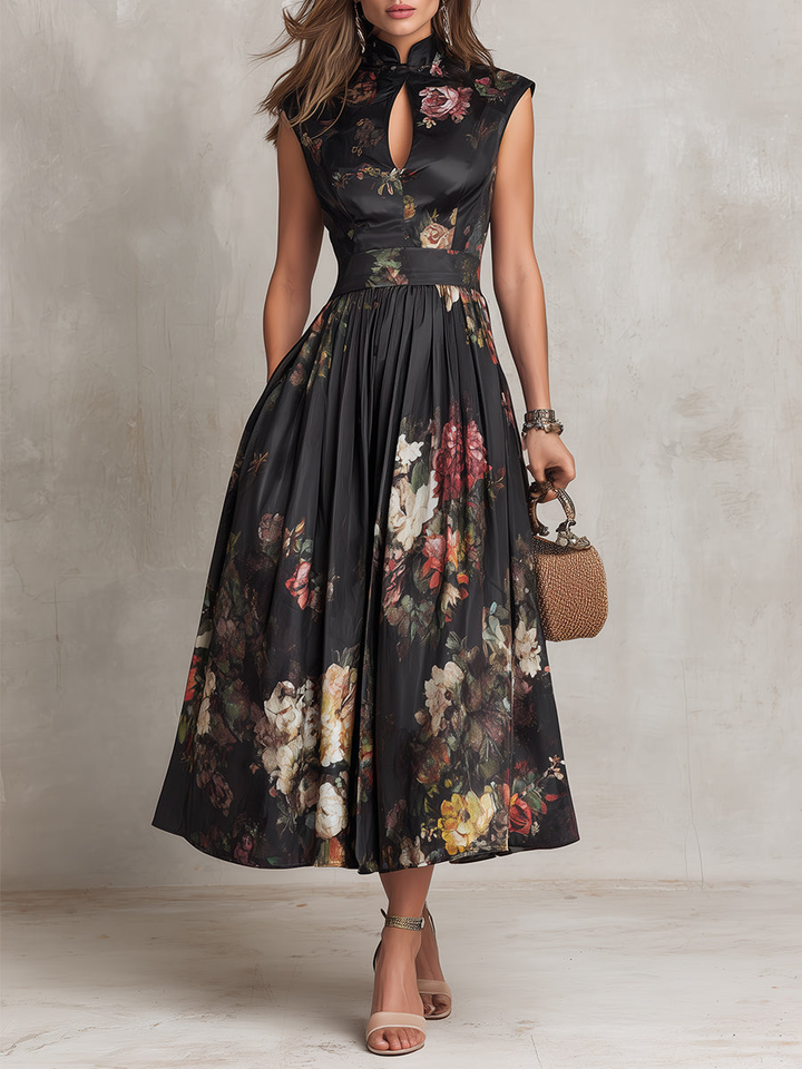 Violetta - Vestido Midi Negro de Satén Plisado con Estampado Floral y Escote Tipo Llave