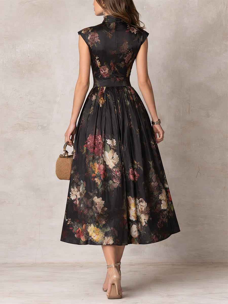 Violetta - Vestido Midi Negro de Satén Plisado con Estampado Floral y Escote Tipo Llave