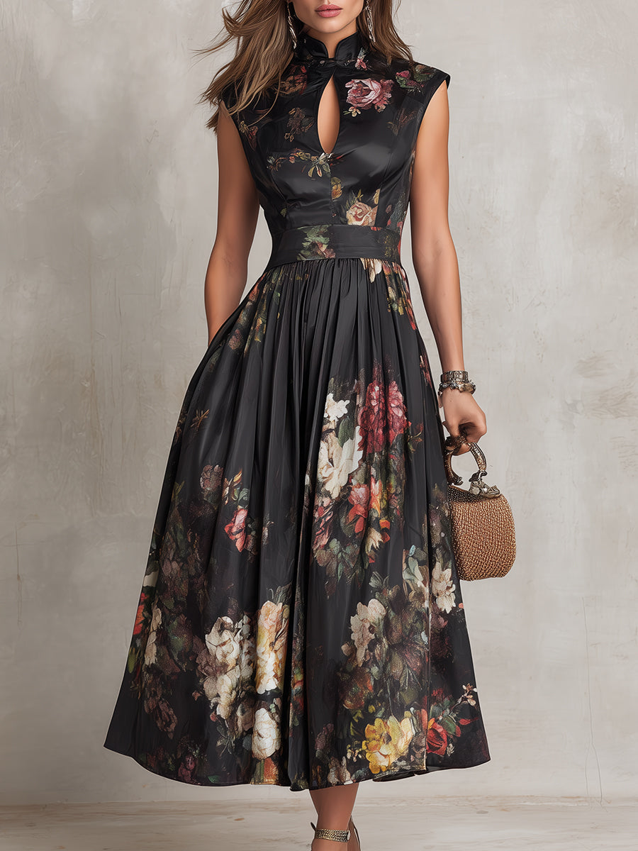 Violetta - Vestido Midi Negro de Satén Plisado con Estampado Floral y Escote Tipo Llave