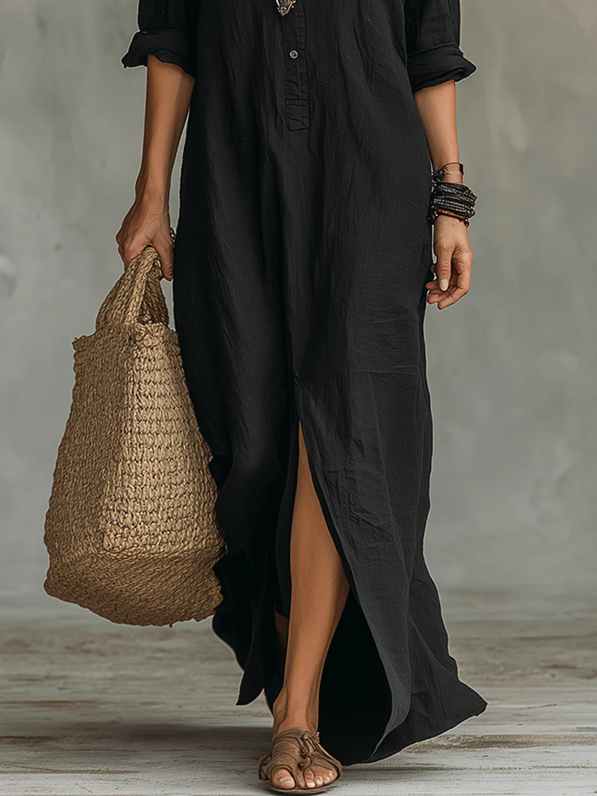 Soline™ | Vestido Maxi Negro Oversized con Botones