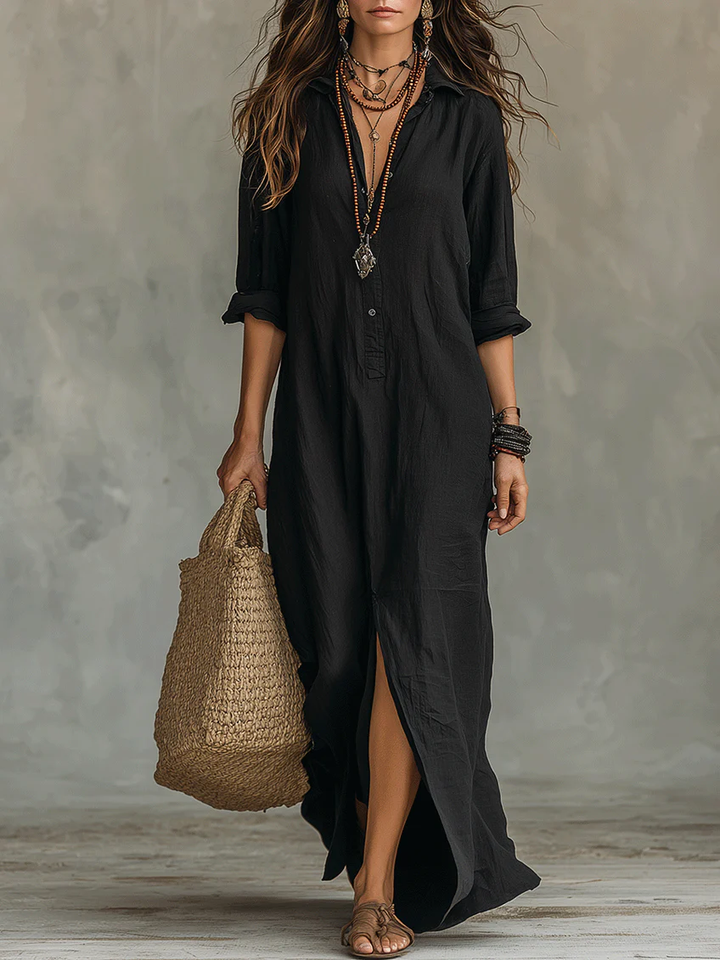 Soline™ | Vestido Maxi Negro Oversized con Botones