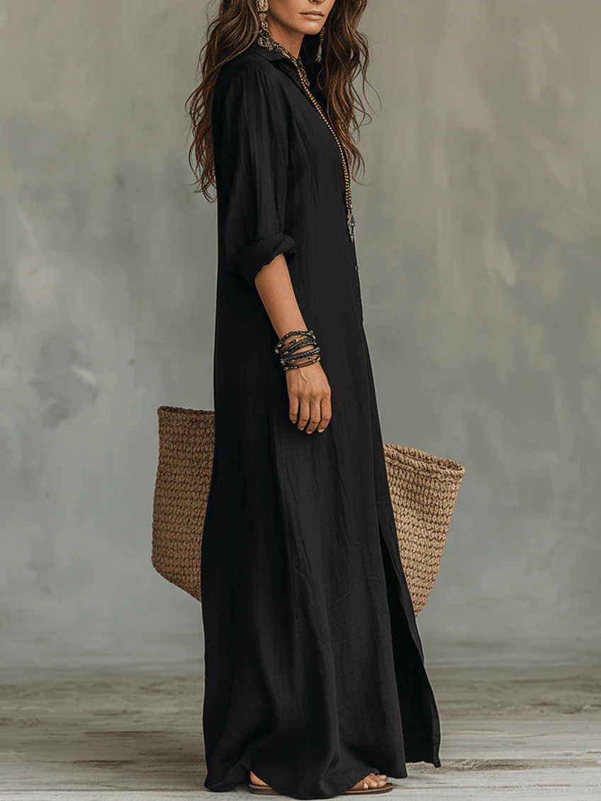 Soline™ | Vestido Maxi Negro Oversized con Botones