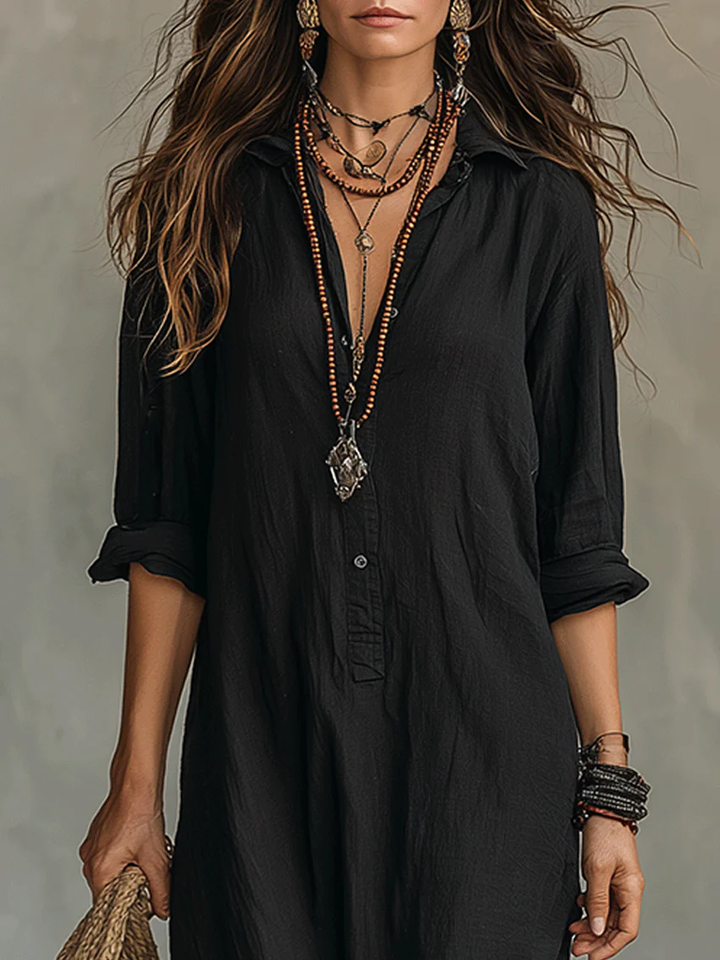 Soline™ | Vestido Maxi Negro Oversized con Botones