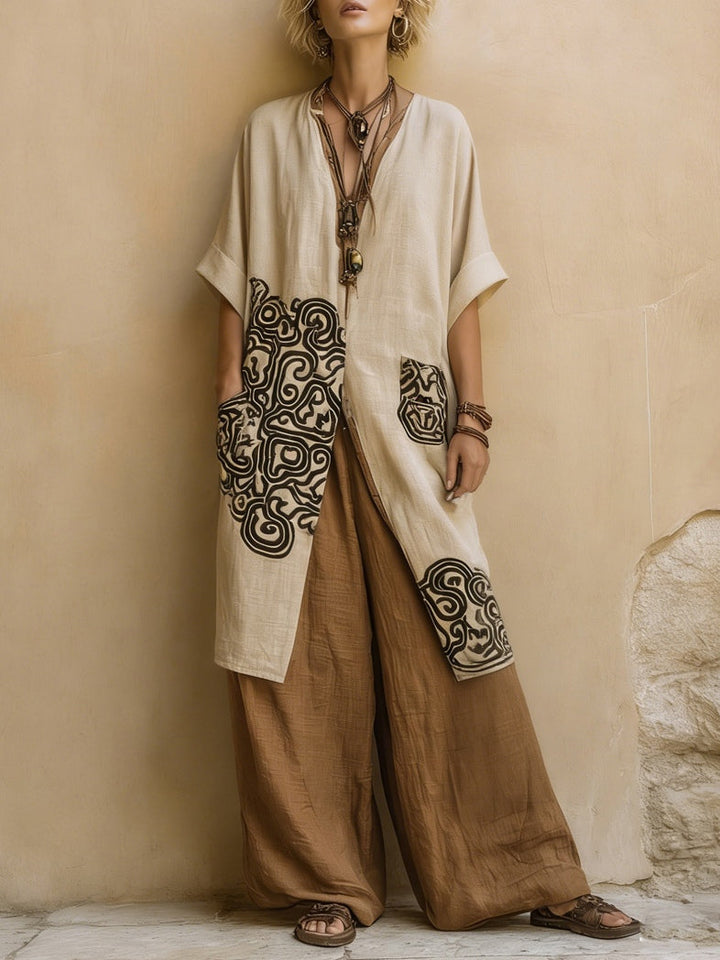 Giulia - Conjunto Bohemio de Tres Piezas en Tonos Oscuros de Gris y Marrón con Diseño Tribal
