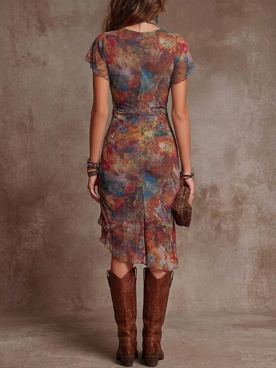 Martina · Vestido midi plisado con escote en V, estampado de arte abstracto en estilo bohemio