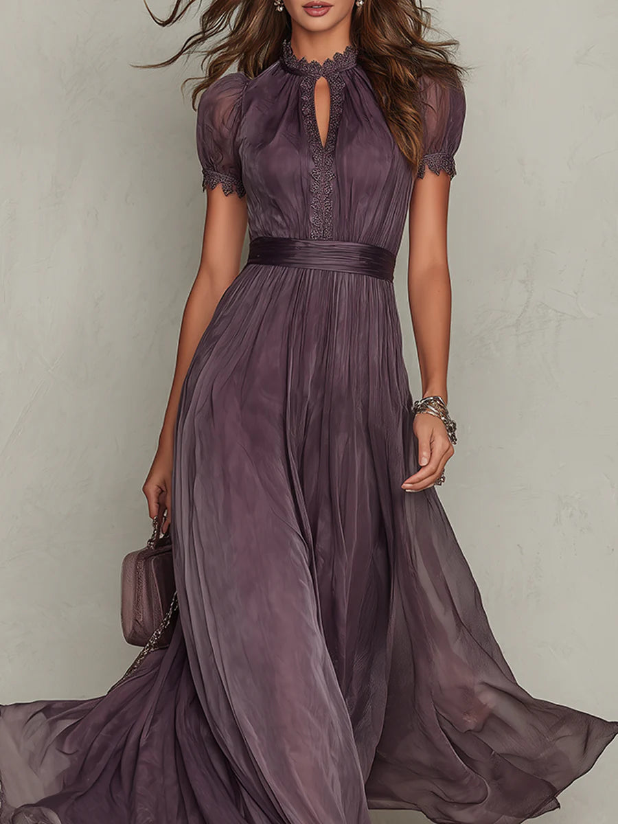 Flavia | Sofisticado vestido maxi de gasa morada con abertura