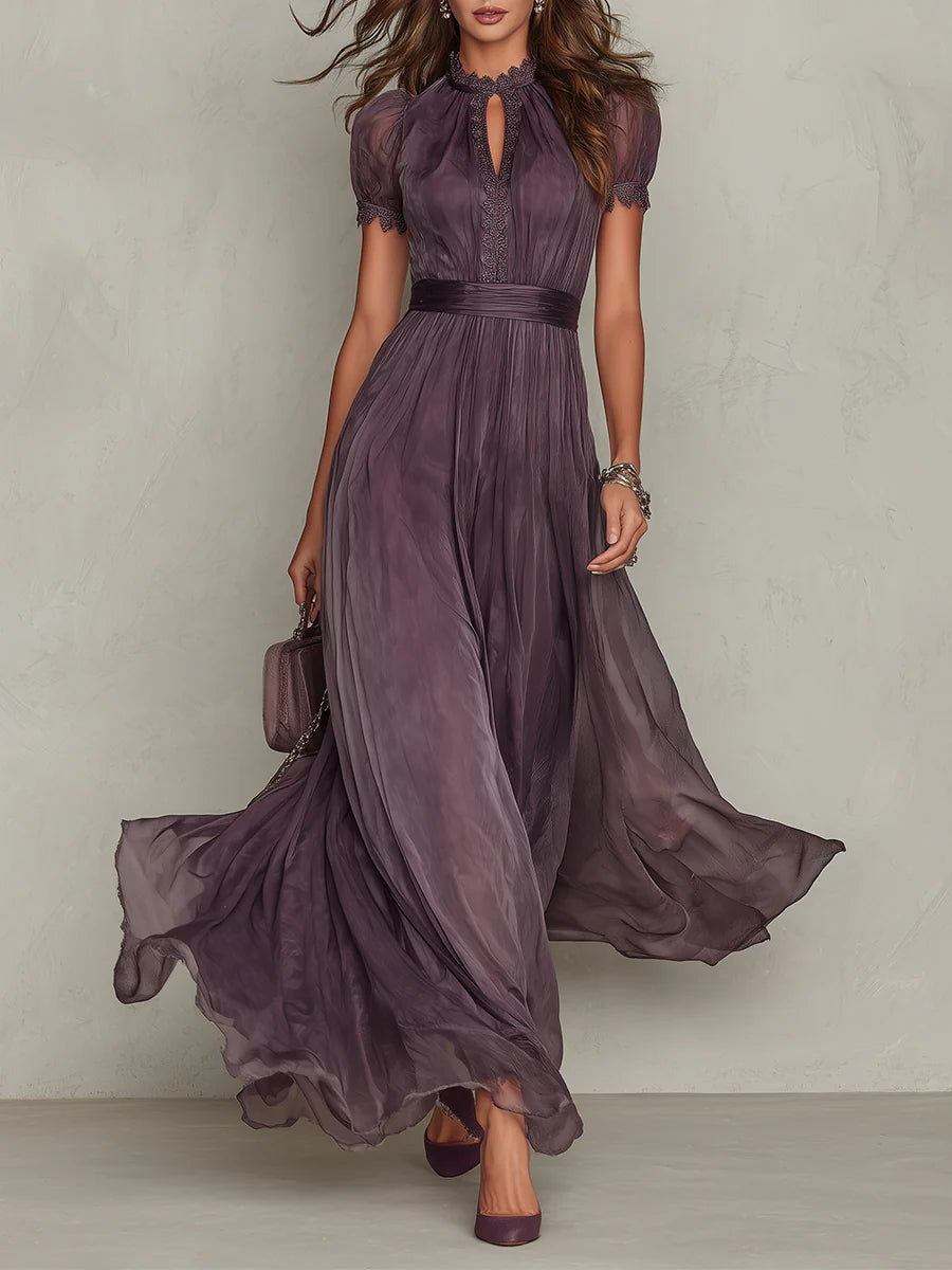 Flavia | Sofisticado vestido maxi de gasa morada con abertura