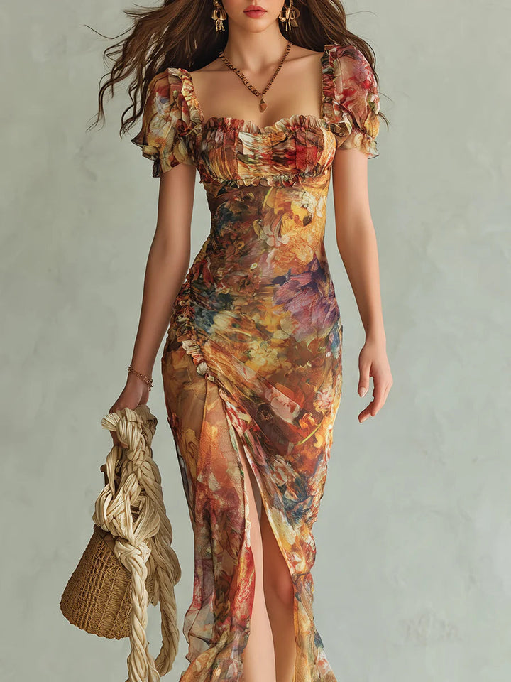 Viola | Vestido largo de chiffon naranja con estampado de óleo de estilo bohemio