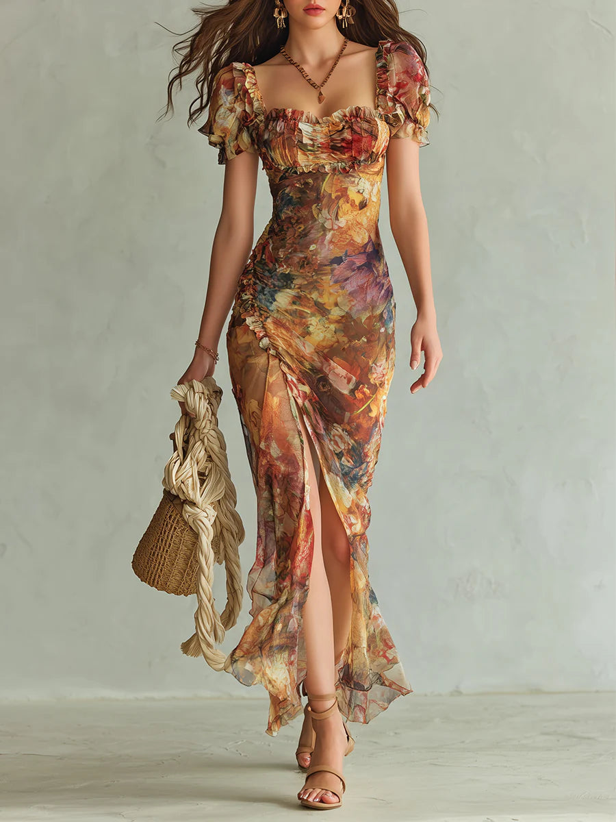 Viola | Vestido largo de chiffon naranja con estampado de óleo de estilo bohemio