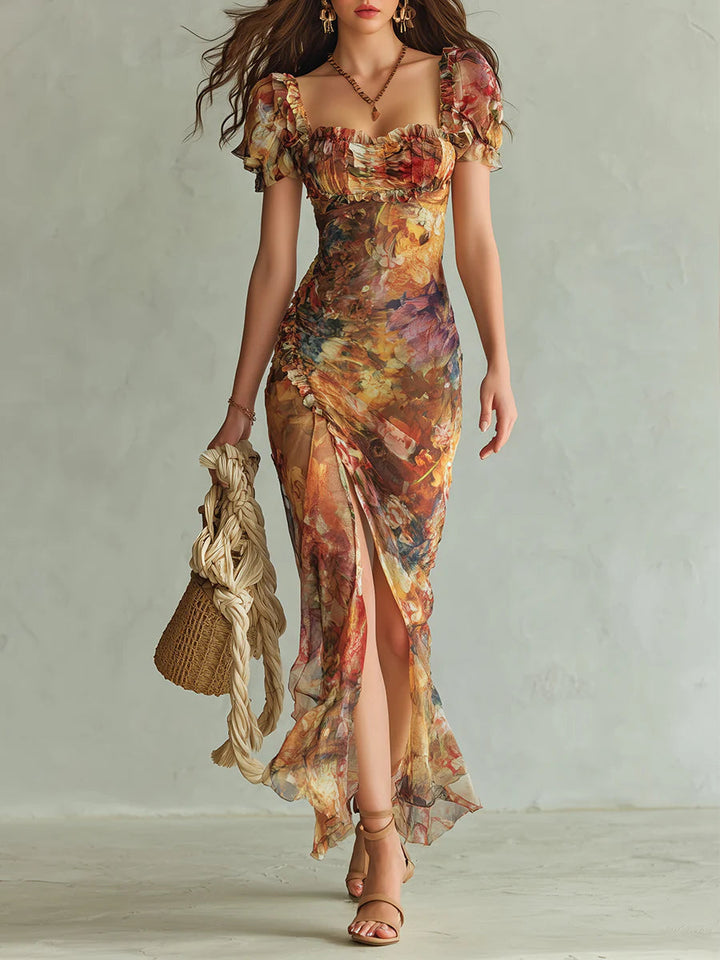 Viola | Vestido largo de chiffon naranja con estampado de óleo de estilo bohemio