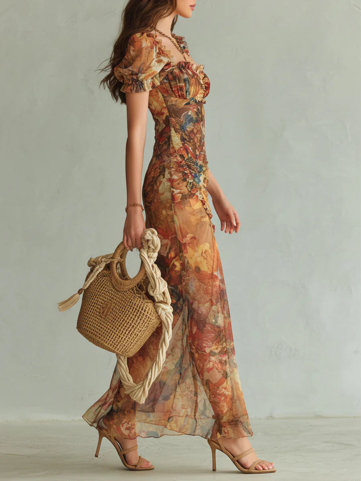 Viola | Vestido largo de chiffon naranja con estampado de óleo de estilo bohemio
