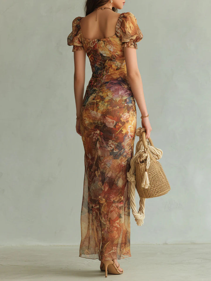 Viola | Vestido largo de chiffon naranja con estampado de óleo de estilo bohemio