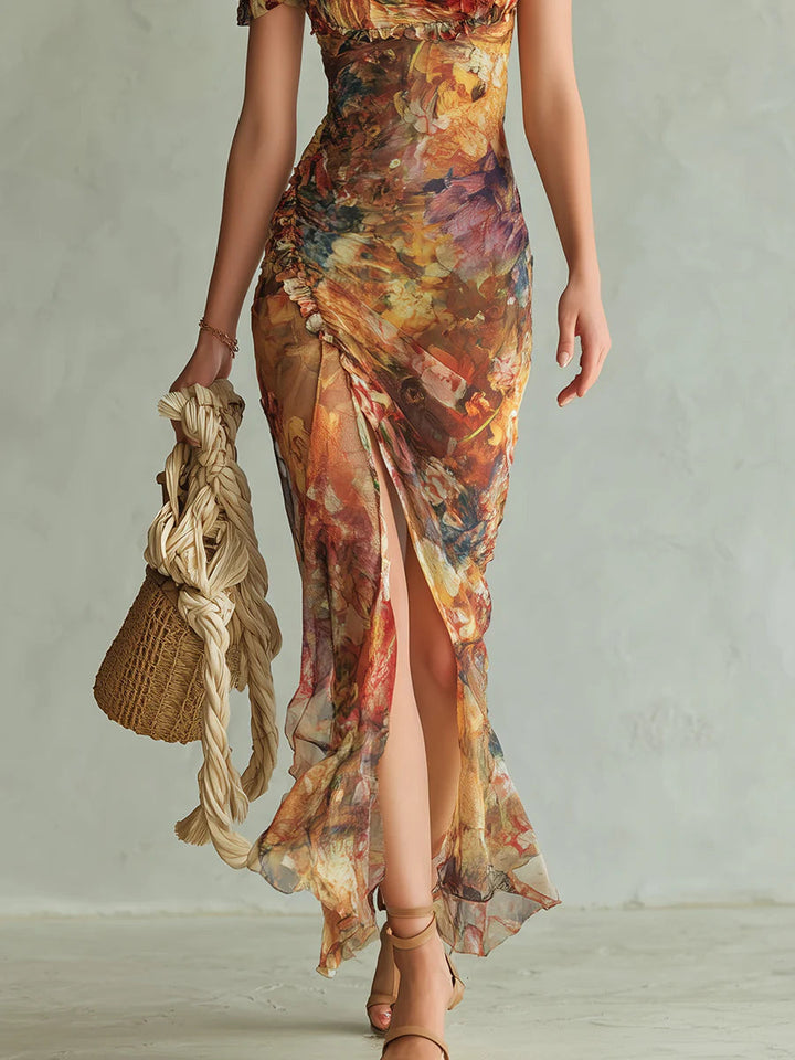 Viola | Vestido largo de chiffon naranja con estampado de óleo de estilo bohemio