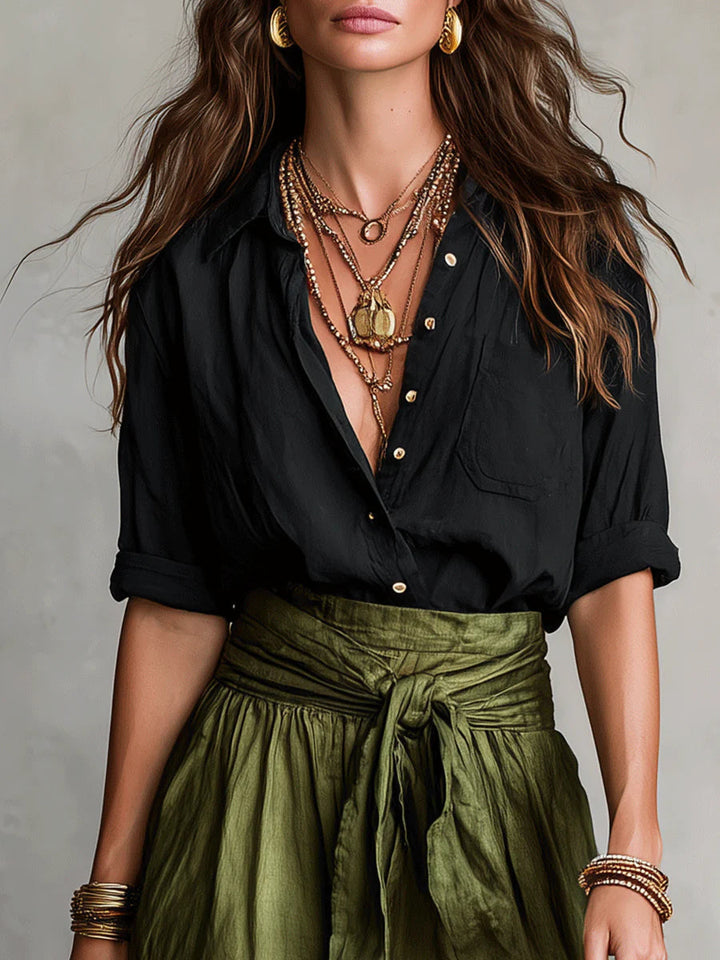 Vera™ | Conjunto de Dos Piezas: Blusa Negra y Falda Midi Verde Oliva