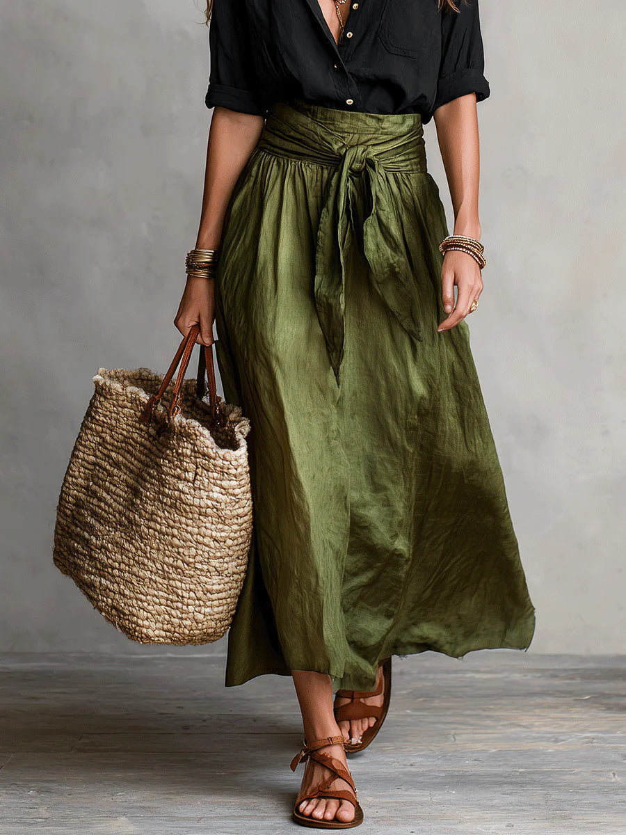 Vera™ | Conjunto de Dos Piezas: Blusa Negra y Falda Midi Verde Oliva