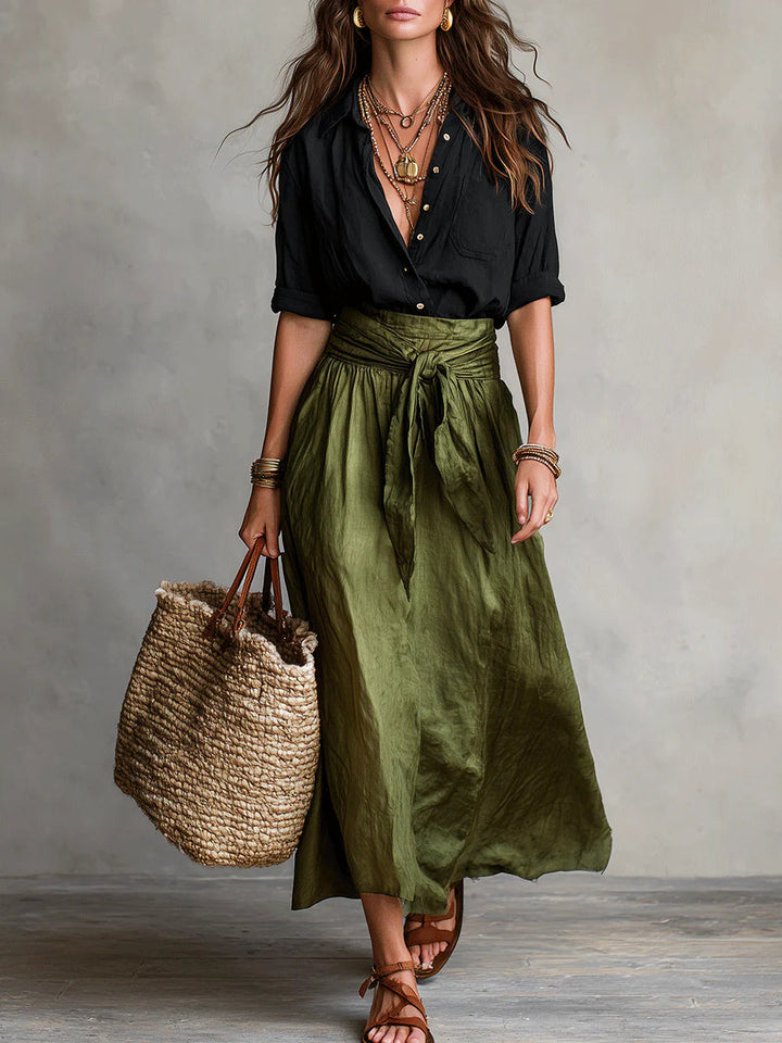 Vera™ | Conjunto de Dos Piezas: Blusa Negra y Falda Midi Verde Oliva