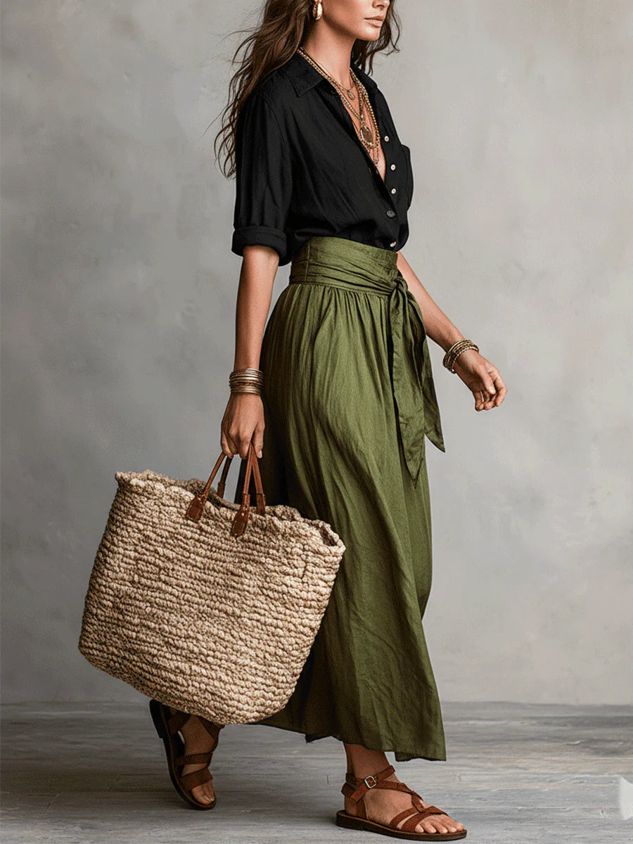 Vera™ | Conjunto de Dos Piezas: Blusa Negra y Falda Midi Verde Oliva