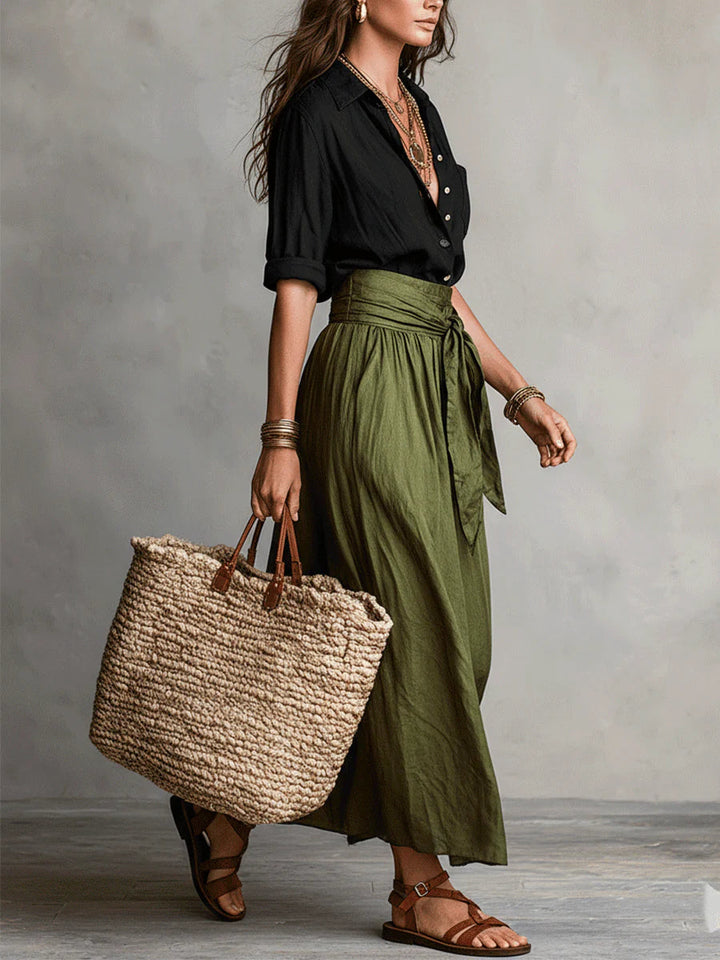 Vera™ | Conjunto de Dos Piezas: Blusa Negra y Falda Midi Verde Oliva