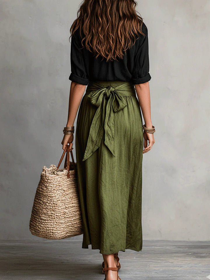 Vera™ | Conjunto de Dos Piezas: Blusa Negra y Falda Midi Verde Oliva