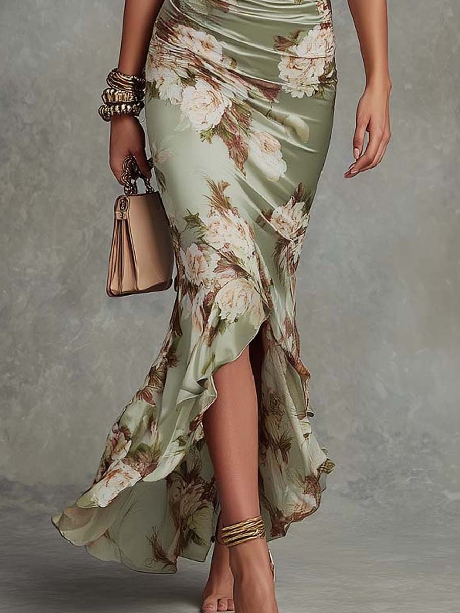 Anna - Vestido largo asimétrico de satén verde con escote en V, mangas abullonadas y estampado floral