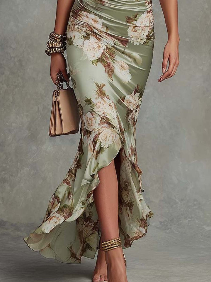 Anna - Vestido largo asimétrico de satén verde con escote en V, mangas abullonadas y estampado floral