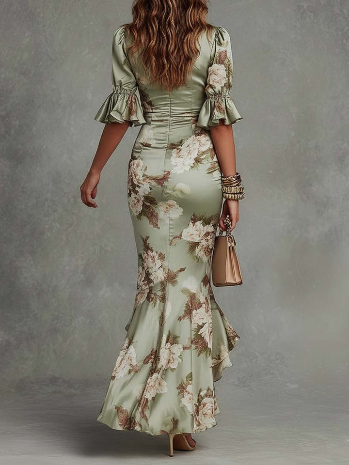 Anna - Vestido largo asimétrico de satén verde con escote en V, mangas abullonadas y estampado floral