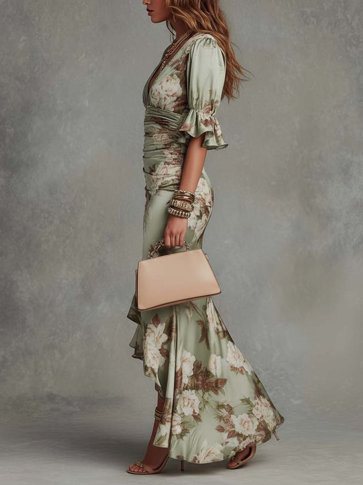 Anna - Vestido largo asimétrico de satén verde con escote en V, mangas abullonadas y estampado floral